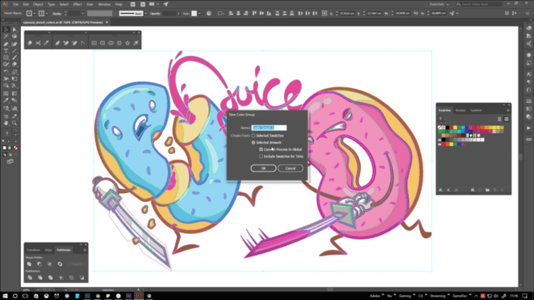 imagen de contexto print de pantalla en programa illustrator con un dibujo de donas color celeste y rosa