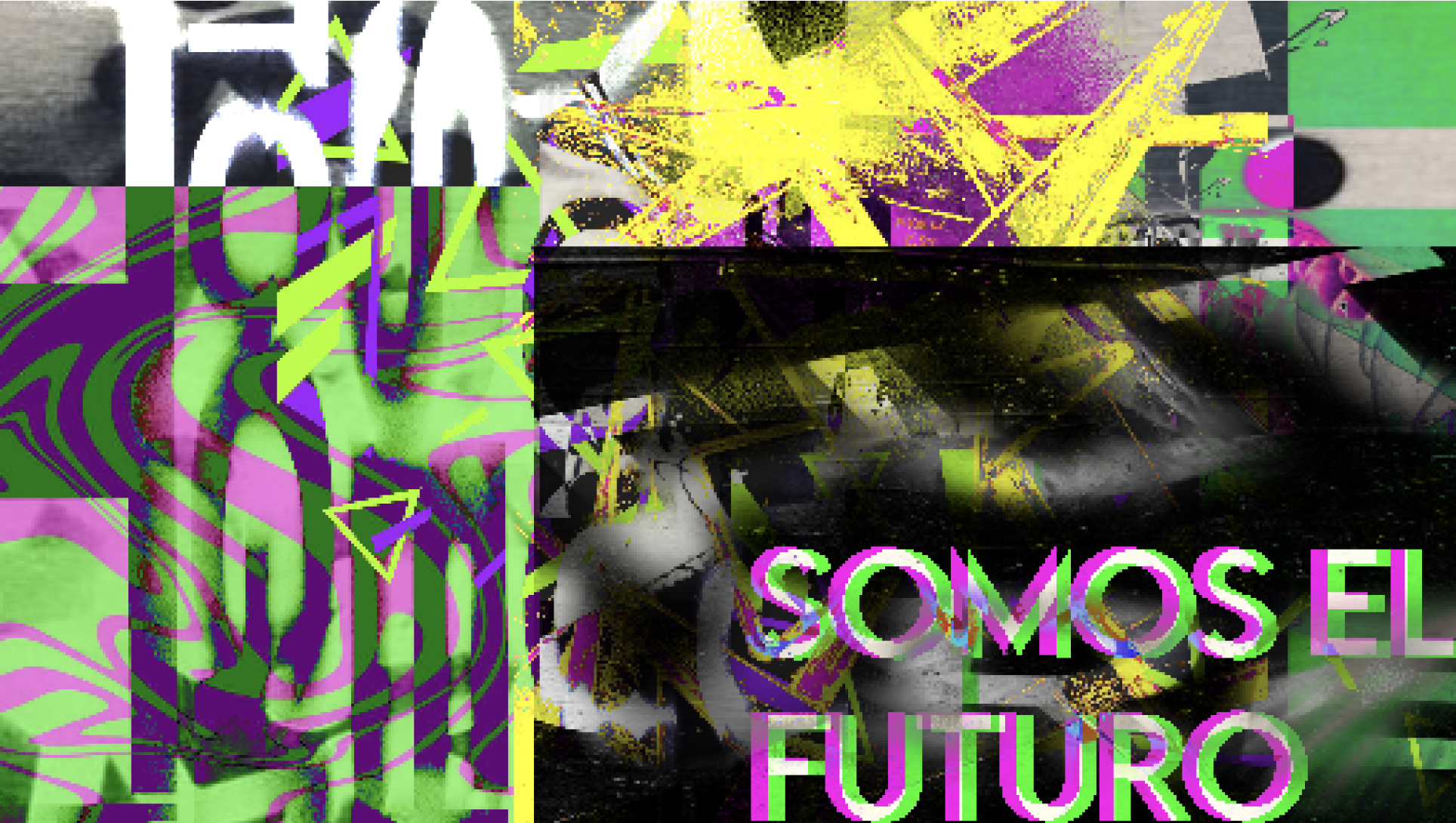 Imágen de banner del sitio, collage con recortes de distintas composiciones de color negro, blanco, amarillo, fucsia, violeta y verde. En la esquina inferior derecha se encuentra un texto en mayúsculas que lee: "Somos el futuro".