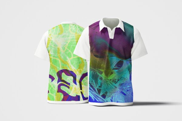 imagen de una remera estilo chomba de frente y de espalda intersopiendose con diseño de la agencia plenti